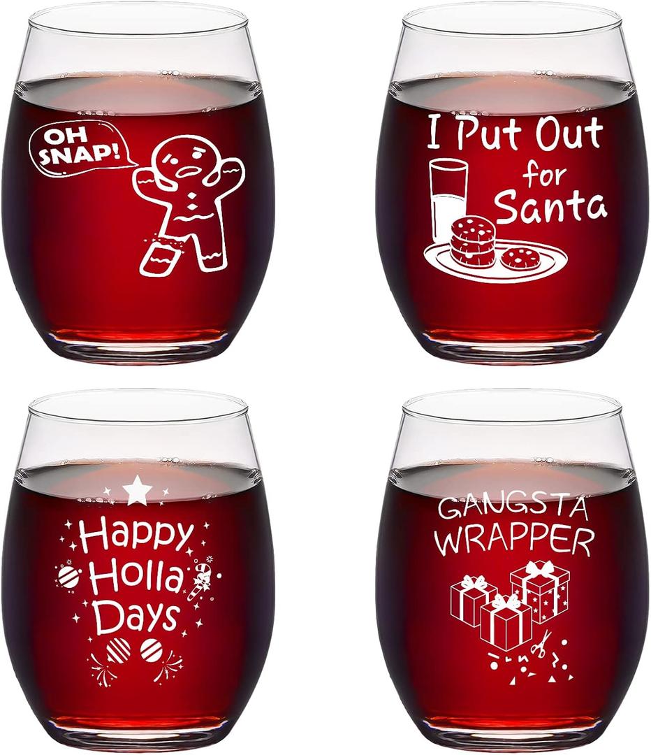 Futtumy Christmas Stemless Wine Glass Set of 4, Funny Wine Gift for Men, Women, Family, Friend, Coworker, White Elephant Gift Exchange, 15oz