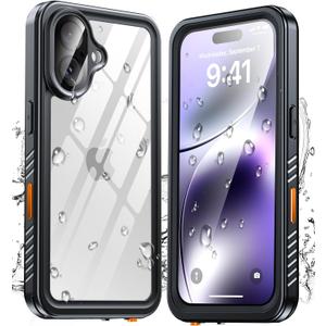 ANTSHARE for iPhone 16 Case, Waterproof Built-in Screen Protector, [12 FT Military Drop Proof] [Full Body Shockproof] [Dustproof] [IP68 Underwater] Phone Case for iPhone 16 6.1''- Black/Clear