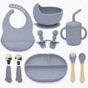 Silicone Baby Feeding Set - 10PCS Suction Baby Bowl and Divided Toddler Plates Adjustable Bib Cup Spoons Forks -Baby Led Weaning Supplies, Baby Utensils Eating Essential Set for 6+ Months (Blue)