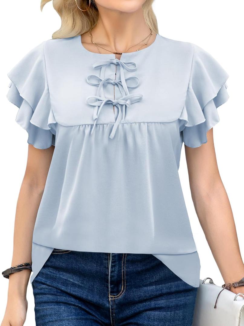 Womens Dressy Casual Shirts Summer Ruffle Short Sleeve Work Blouses Hidden Button Crewneck Cute Bow Tie Front Tops (Blue, M)