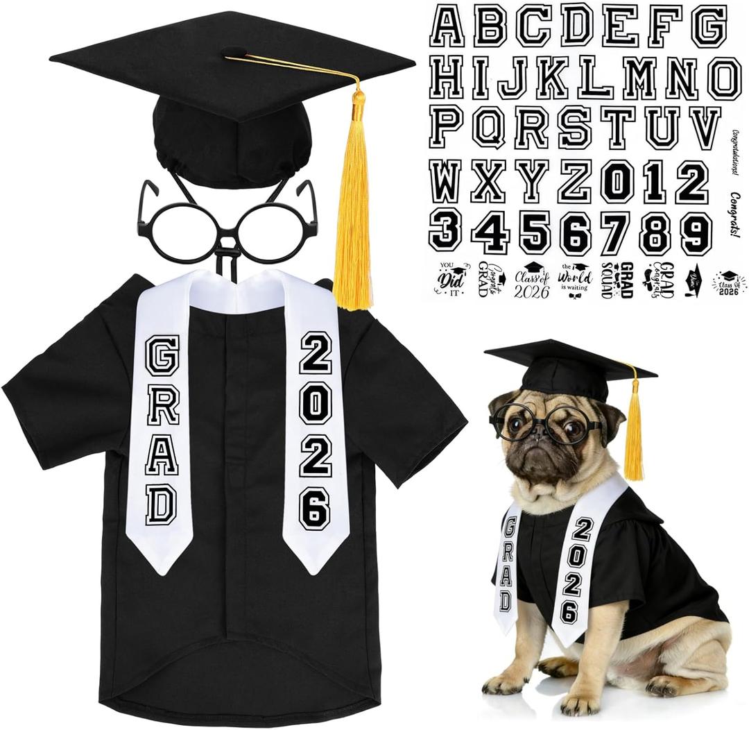 6 Pcs Dog Cat Graduation Cap and Gown Include 2026 Pet Graduation Gown Stole Puppy Grad Cap Lensless Glasses DIY Letter Stickers for Dogs Cats Holiday Costume Accessory (Black, Medium)