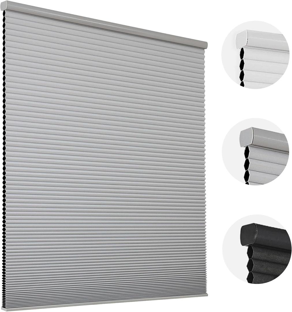 Joydeco Cellular Shades Cordless, Blackout Honeycomb Blinds for Indoor Windows, Thermal Insulated Noise Reduction (Grey, 27" W x 48" H)