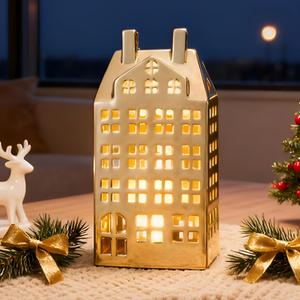 DN DECONATION Christmas Village House Decorations, Light Up Ceramic House Decor, Gold Christmas Town Building Figurines with Lights, Winter Decor for Table Centerpiece Xmas Gifts