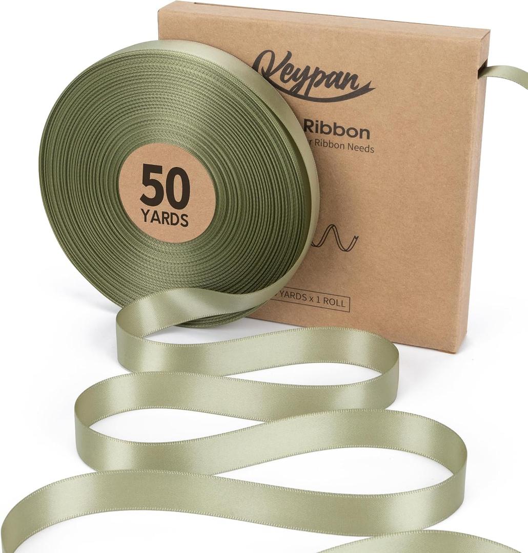 Keypan Sage Green Satin Ribbon 5/8 Inch x 50 Yards Double-Faced Ribbons for Gift Wrapping Crafts Flower Bouquet Hair Wedding Paper Bows Invitations