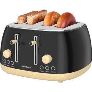 Anfilank Toaster 4 Slice,Retro Stainless Steel Toaster with Extra Wide Slots, Dual Independent Control Panel, Cancel, Bagel, Defrost Function, Removable Crumb Tray, Matt Black