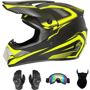 Senhill Youth ATV Dirt Bike Helmet Motocross Helmet Full Face Motorcycle Helmet with Gloves Goggles Mask for Unisex Adult DOT/FMVSS 218 Approved (Medium, Yellow)