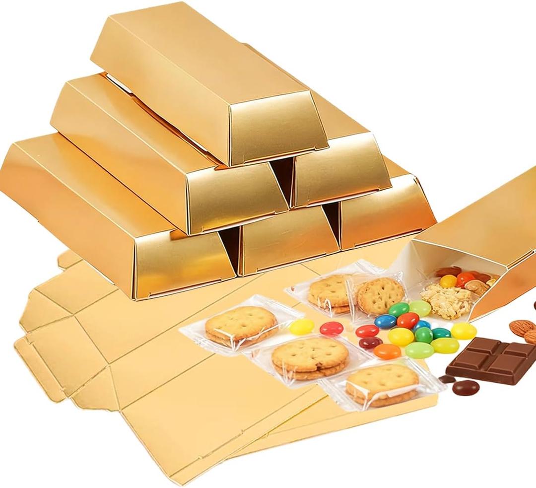 Rowcay 48 Pcs Fake Gold Bar Party Favor Boxes, Foil Paper Golden Treasure Brick Gift Boxes for Pirate Casino Theme Decorations, Candy Chocolate Treats Toys Coins(5.5 x 3.2 x 1.6 Inches)