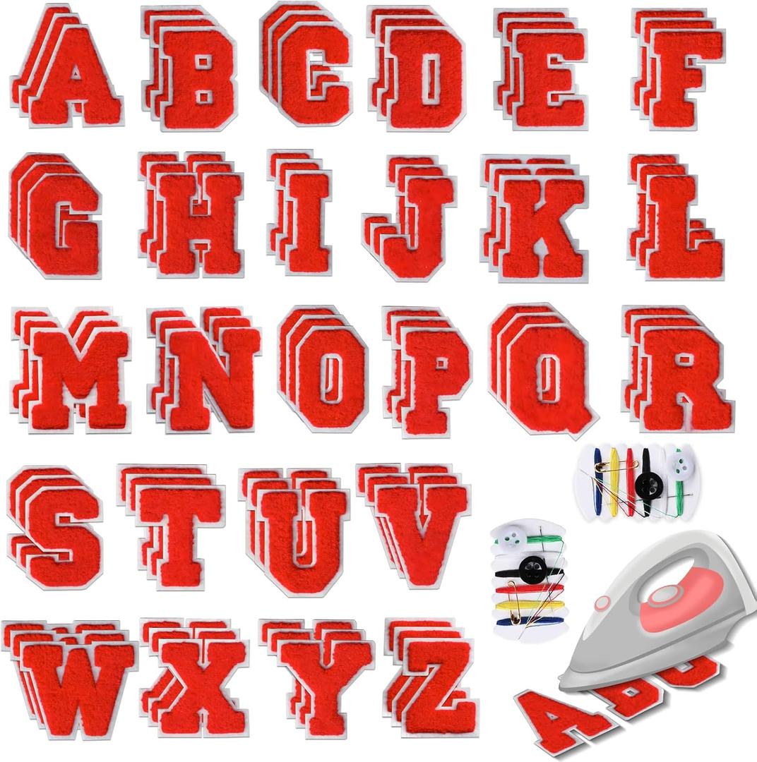 78 Pcs 2.7 Inch Chenille Letter Iron On Patches Sew On Chenille Varsity Letter Patches A-Z, Washable Fabric Letters for DIY Clothing Repairing Hats Shirts Shoes Jeans Bags(Red)