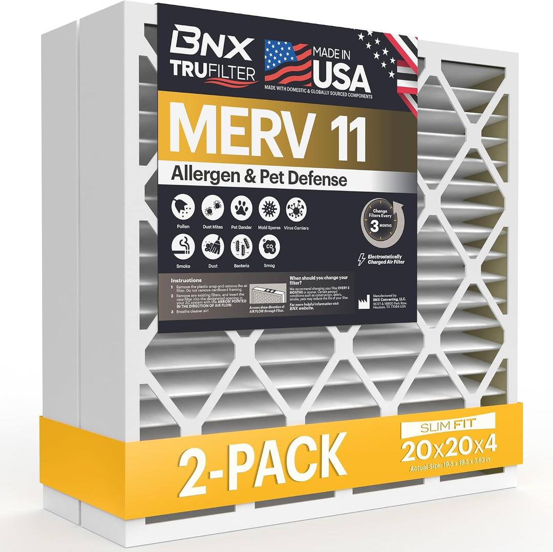 BNX TruFilter 20x20x4 (19.5 x 19.5 x 3.63 Slim Fit) MERV 11 Air Filter 2-Pack - MADE IN USA - Air Conditioner Furnace Filters HVAC AC Furnace Filters for Dust, Pet, Mold, Pollen MPR 1200 FPR 7