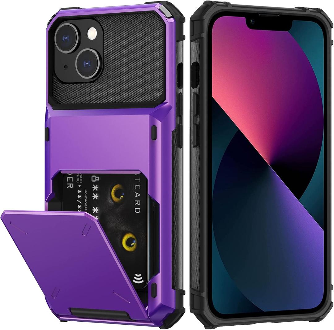 Nvollnoe for iPhone 13 Case with Card Holder[Store 5 Cards] Dual Layer Heavy Duty Shockproof Wallet Case with Hidden Card Slot Large Storage Case for iPhone 13(Purple)