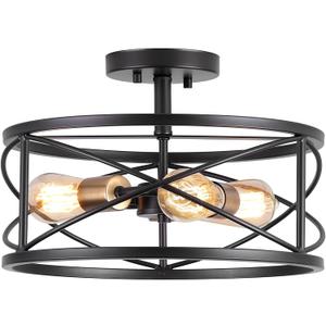 3-Light Semi Flush Mount Ceiling Light, 14-inch Industrial Modern Farmhouse Lighting Fixture with Metal Cage, Oil Rubbed Bronze Finish Ceiling Lamp for Kitchen Hallway Bedroom Living Room