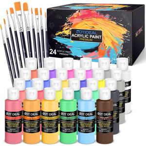 GOTIDEAL Acrylic Paint Set with Paint Brushes, 24 Colors(100ml, 3.4 oz) Outdoor Paint for Adults and Kids, Perfect for Artist, Beginner, Ideal for Wood, Canvas, Rocks, Craft Painting Supplies