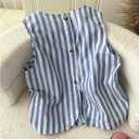 Women's Striped Sleeveless Blouses Button Down Crew Neck Split Summer Vacation Tank Tops (Blue, S)