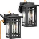 2-Pack Outdoor Porch Lights with Outlet,Dusk to Dawn Motion Modern Outdoor Wall Lights Exterior Lighting Fixtures Waterproof, Black Outside Light for House Patio Garage Hallway