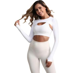 Hiball Workout Bolero Shrug Crop Top Long Sleeve Women, Sports Shrug Cropped Shirts, Cooling Shawl Arm Sleeves (White, L)