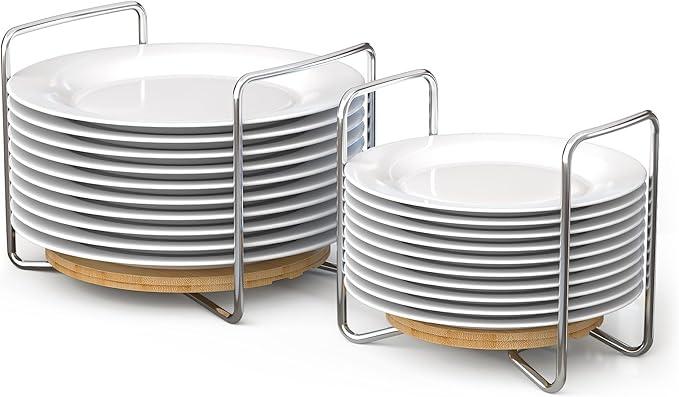 Adjustable Dish Rack for Kitchen Counter  Bamboo Plate Holder Organizer for Cabinet Wooden Bowl Organizer Stainless Steel Plate Stand Storage for Kitchen Drawer Countertop Cupboard Shelf RV