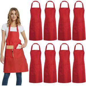 DUSKCOVE 8 Pack Bib Aprons Bulk - Unisex Red Commercial Apron with 2 Pockets for Kitchen Crafting BBQ Drawing Cooking