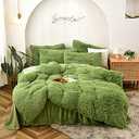 Shaggy Fluffy Duvet Cover Set Queen Size Super Soft Faux Fur Bedding Set 3 Pcs (1Duvet Cover + 2Pillowcases) Luxurious Plush Comforter Cover Set with Zipper Closure Avocado Green