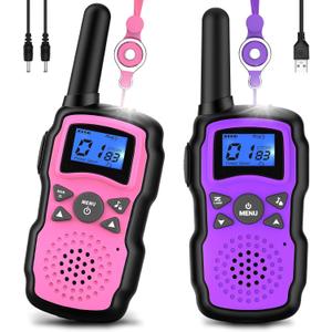 Wishouse Walkie Talkies for Kids Rechargeable with USB Charger 6000mAh Battery,Outdoor Camping Games with Flashlight Lanyard,Toys for Girls,Halloween Xmas Birthday Gift for Children 2 Pack Pink Purple