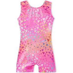 Domusgo Gymnastics Leotards for Girls Sparkly One-Piece Pro Kids Unitard Biketards with Shorts (9-10 Years, Nenon Love Heart Biketard)
