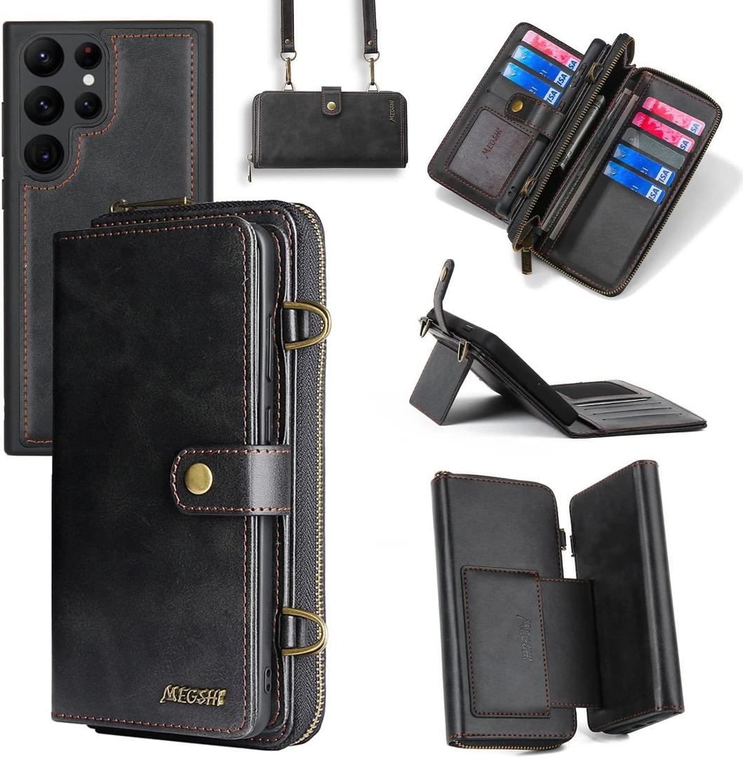 Compatible with Samsung Galaxy S24 Ultra 5G Wallet Case Crossbody Shoulder Strap Stand Leather Multi-Function 2in 1 Detachable Magnetic Cell Phone Cover for S24Ultra 24S S 24 24Ultra Black