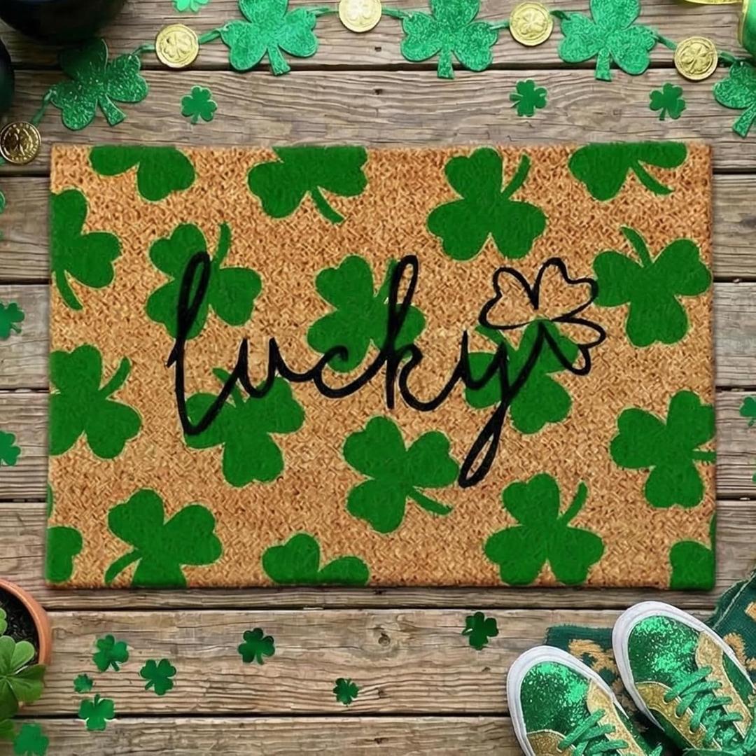 Ceenna St. Patrick's Day Coir Doormat Outdoor Shamrock Lucky Welcome Door Mat Green Clover Non-Slip Rug St. Patrick's Day Front Door Porch Entryway Decor for Indoor Outdoor Home Bathroom Decor