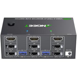 KVM Switch 3 Monitors 2 Computers 8K@60Hz 4K@144Hz, ANGEET HDMI and Displayport KVM Switch Triple Monitor for 2 Computer Share 3 Monitor and 4 USB3.0 Devices, with Wired Remote and Power Adapter