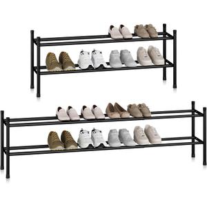 STORAGE MANIAC Long Expandable Shoe Rack, 12 Pairs Metal Wide Stackable Shoe Rack, Adjustable Shoes Shelf, Freestanding Shoes Organizer for Closet, Entryway, Hallway, Garage, Front Door, 2 Tiers (Black)