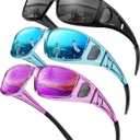 KALIYADI Sunglasses Fit-Over-Glasses Polarized Sunglasses-Men: Wrap Around Sun glasses Womens with UV Protection for Driving (B-glossy Black/Grey + Transparent Blue/Ice Blue + Transparent Purple/Purple)