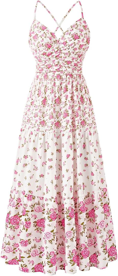 Sunny Spirit Women Floral Patchwork Dress Maxi Summer Boho Flowy Casual Sundress Spaghetti Strap V Neck Tiered Long Dresses (White)