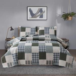 Jessy Home Twin Size Quilt Set Plaid Patchwork Bedding Reversible Bedspread Quilt Stripe Line Style Mens Quilts Coverlet Soft Breathable