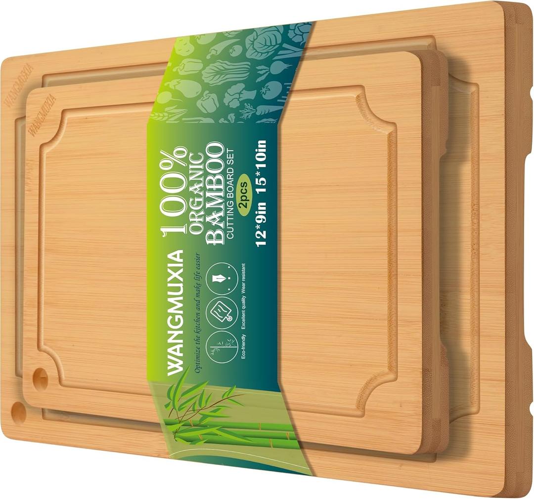 Durable Bamboo Cutting Boards for Kitchen  2-Piece Set with Deep Juice Grooves, Carbonized Surface & Heavy-Duty Design, Perfect for Charcuterie, Meat, and Vegetables