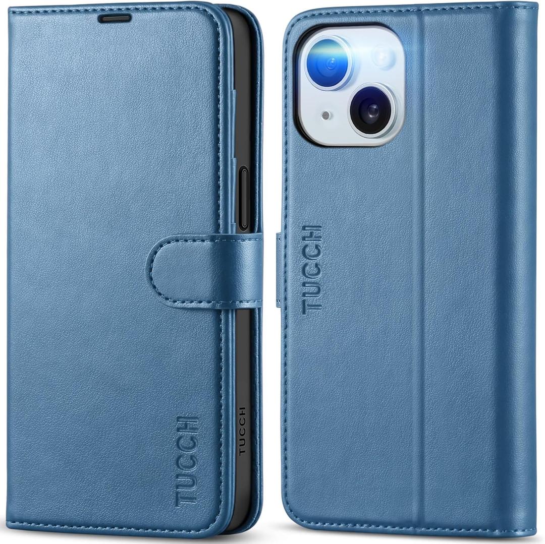 TUCCH Wallet Case for iPhone 15 6.1", Magnetic PU Leather Kickstand Flip Cover with 4 Card Slot Shockproof TPU Interior Shell, [RFID Blocking] Folio Case Compatible with iPhone 15 5G 2023, Light Blue