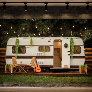 7X5ft Camping Backdrop RV Theme Adventure Camper Background, Spring Forest Scenery Kids Photography Backdrop Polyester for Baby Shower Birthday Party Photo Studio Props Decor