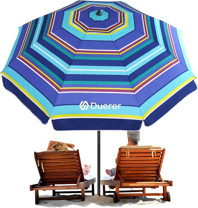 Duerer Beach Umbrellas, 7.5FT/8.5FT Sandbag Beach Umbrella for Sand with Anchor Heavy Duty Windproof, Height Adjustable Tilt Iron Pole, Portable Beach Umbrella with Carrying Bag for Beach