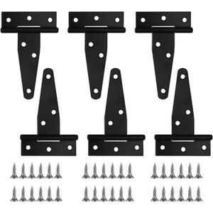 6 Pack T Strap Hinges, 3 Inch Shed Door Gate Hinges, Heavy Duty Black Outdoor Tee Hinge for Yard Doors, Barn Doors & Wooden Fences