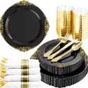 Hioasis 350pcs Black and Gold Plastic Plates with Gold Plastic Silverware include 50 10.25 Dinner Plates,50 7.5 Dessert Plates,50 Rolled Napkins with Cutlery,50 Cups for Weddings & Parties