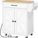 HOOBRO Kitchen Island with Power Outlet, Rolling Kitchen Island with Large Worktop, Kitchen Island Cart with Spice Rack and Drawer, Island Table for Dining Room, White and Natural WN88UZD01