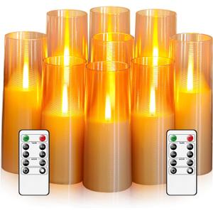 Flickering Flameless Candles 9 Pcs, Battery Operated Candles with Remote Timer, Realistic Pillar LED Candles for Home Decor (Gold)