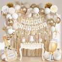Ouddy Life White Gold Birthday Party Decorations Kit for Women Girls, Happy Birthday Banner, Sand White Metallic Gold Foil Confetti Balloons, Fringe Curtain, Cake Topper, Pompoms, Butterfly Supplies