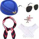 baotongle 6pcs Halloween Women Flight Attendant Costume Accessories Stewardess Outfits Hat Scarf Sunglasses Gloves (Blue)