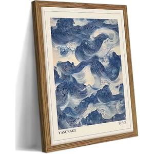 Framed Japanese Wall Art, Vintage Abstract Blue Waves Canvas Wall Decor Painting, Minimalist Japandi Oriental Ocean Aesthetic Prints Picture for Living Room Bathroom Bedroom 12x16 Inch