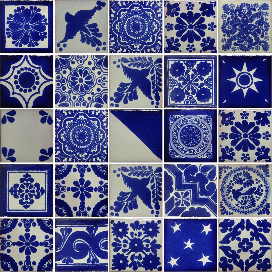 25 Hand Painted Decorative Talavera Mexican Tiles 2"x2" White and Blue