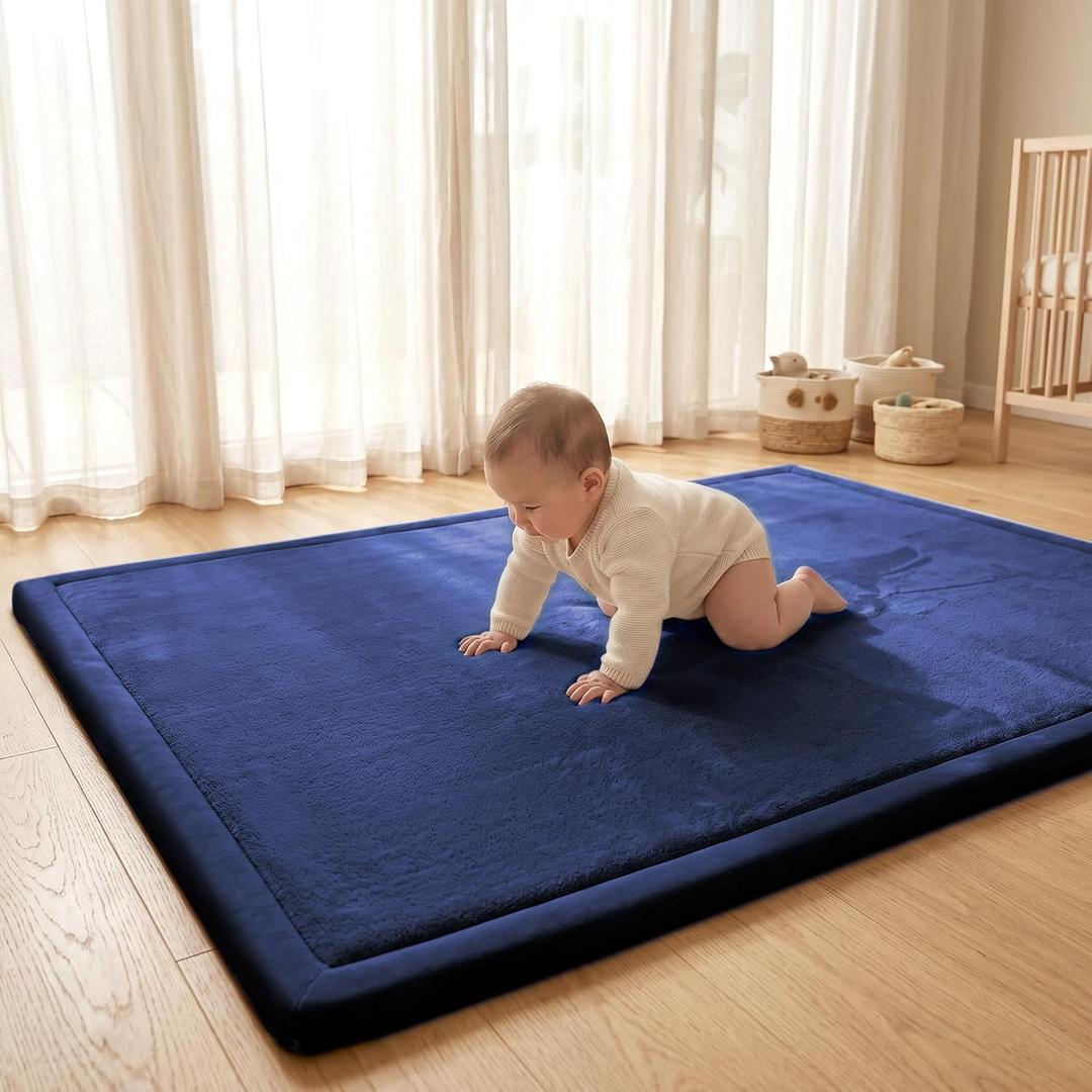 ACOMOPACK Baby Play Mat for Floor 1.3" Thick Memory Foam Play Mat 71"×79" Tummy Time Crawling with Non-slip Bottom for Living Room,Nursery,Soft Velvet Playpen Mats for Kids,Infants（Royal Blue）