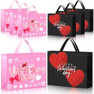 Sweetude 6 Pcs Extra Large Valentine's Day Gift Bags Bulk 16" x 13" Reusable Pink Gift Bags for Flower Candy Red Heart Wrapping Pink Black Tote Bag with Handles Non Woven Bag for Valentines Day Gifts