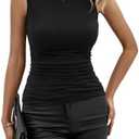 MakeMeChic Women's Sleeveless High Neck Ruched Tank Top Slim Fitted Casual Shirts .Large