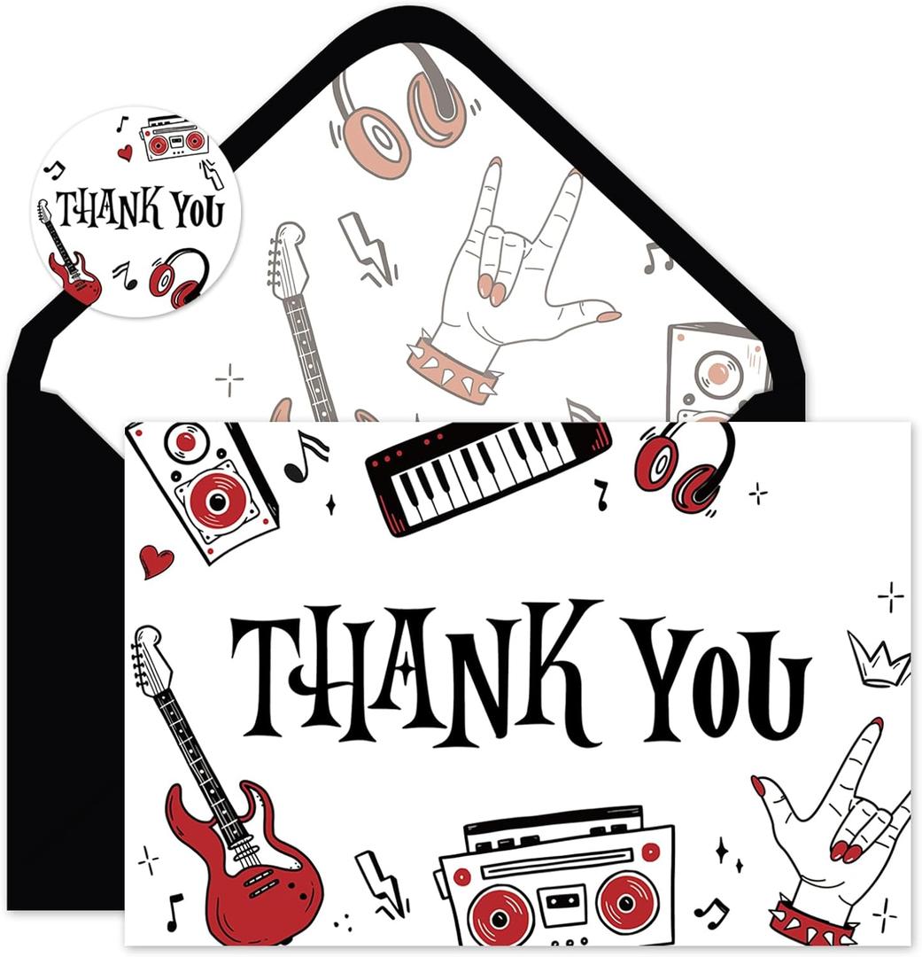 FYSUIMU 24 Pack Rock and Roll Thank You Cards Bulk Music Blank Note Cards with Envelopes Stickers Black Red Greeting Card for Birthday Baby Shower