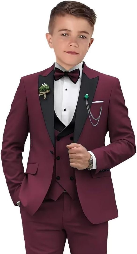 Boys Suits 3 Piece Formal Solid Slim Fit Suit Peak Lapel Blazer Pants Vest Boys Suit Double Breasted Kids Tuxedo (Size 3, Burgundy) Boys Suits 3 Piece Formal Solid Slim Fit Suit Peak Lapel Blazer Pants Vest Boys Suit Double Breasted Kids Tuxedo (Size 3, Burgundy)
