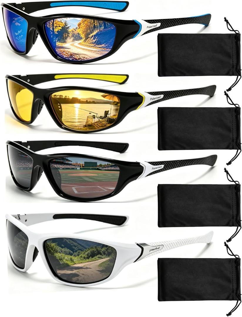 4 Pairs Polarized Cycling Glasses Sports Sunglasses For Men Women | UV 400 Protection Anti Glare Wind And Sand Control For Cycling Baseball Driving Hiking Motorcycle Golf Fishing