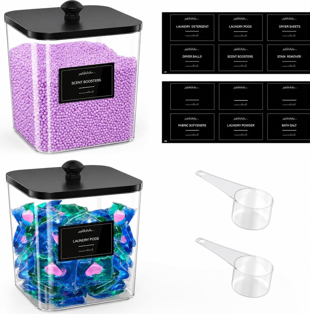 COAZEX 2 Pack Clear Laundry Pods Container, Plastic Square Laundry Room Organization and Storage Jars with Black Lids, Scoops & Labels for Detergent, Powder, Dryer Balls